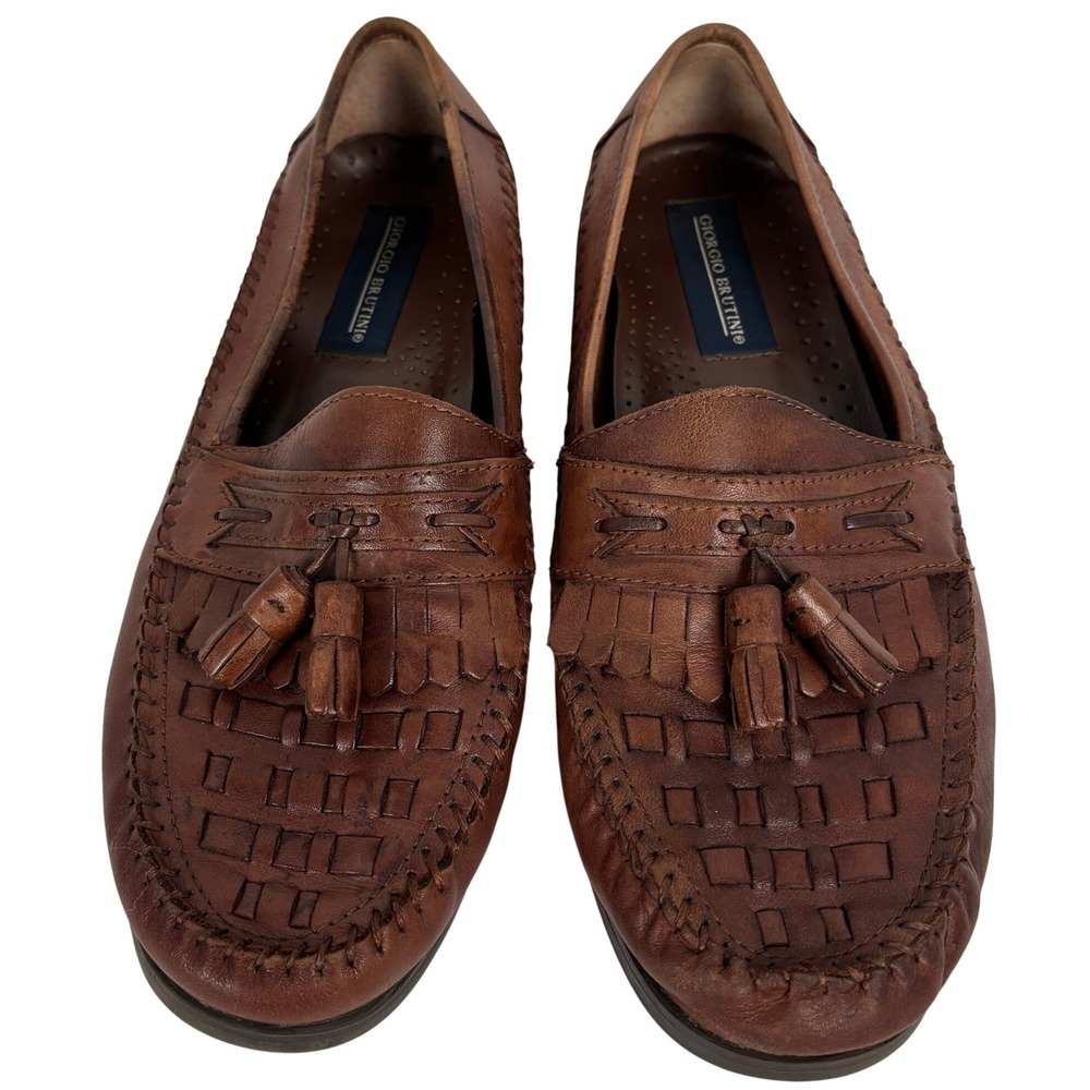 Giorgio Brutini Brown Leather Tassel Loafers Woven Moc Toe Men's Size 8.5 D